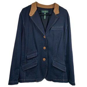 Lauren Ralph‎ Lauren Jeans Co Denim Leather Trim Classic Blazer Size 16W  LRL